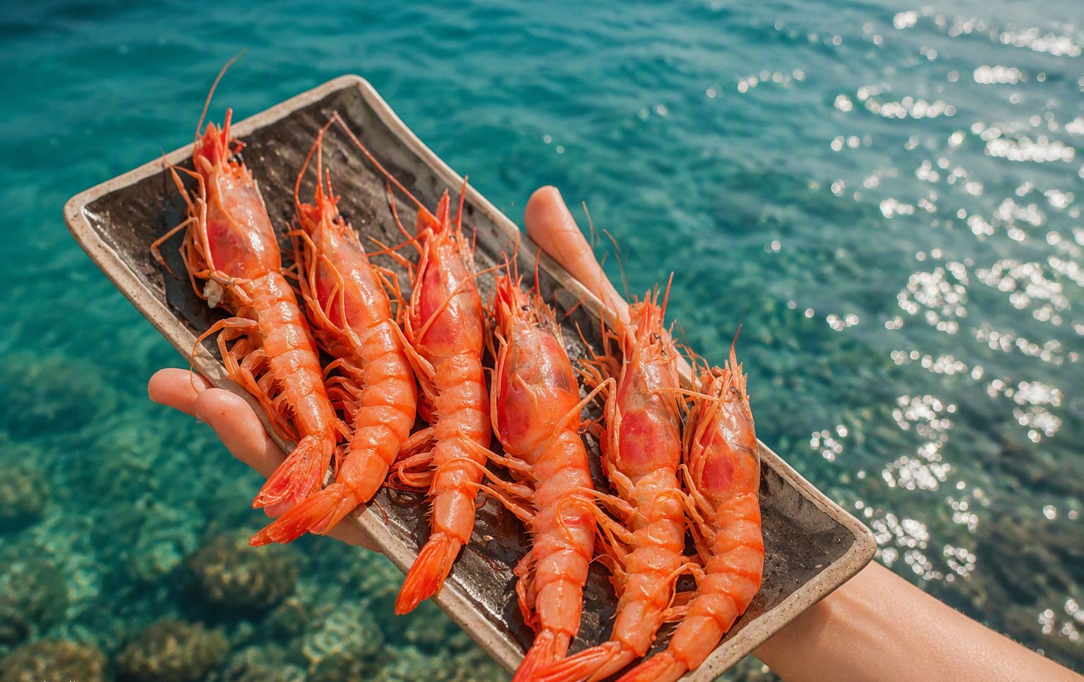 Grilled prawns held above the water at El Xiri d'en Dani